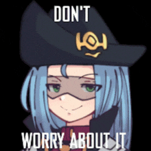 a girl with long blue hair is wearing a pirate hat and sunglasses .