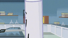 a cartoon illustration of a kitchen with a white cylinder in the middle of it .
