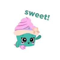a cartoon cupcake with a pink frosting and the word sweet below it