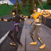 a girl in a purple skirt is holding a sword while standing next to another girl in a yellow top