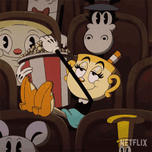 eating popcorn ms chalice the cuphead show enjoying the show eating