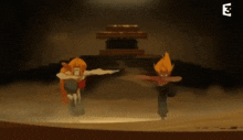 a cartoon of two people dancing with the letter e in the corner