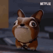 a cartoon dog with big eyes is standing next to a wall and looking at the camera .