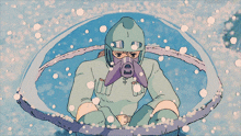 a cartoon drawing of a person wearing a gas mask and a helmet