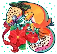 a cartoon drawing of a lizard surrounded by poinsettia flowers and holly