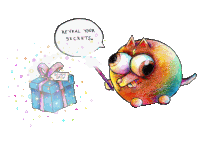 a cartoon of a dog holding a wand next to a gift box that says do not copy