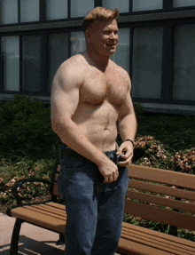 a shirtless man stands on a park bench