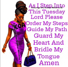 a woman in a purple dress holds a blue purse and says " as i step into this tuesday lord please "