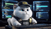 a cat wearing a hsi uniform sits at a keyboard