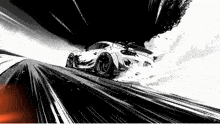 a black and white drawing of a sports car on a road