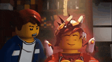 two lego figures are standing next to each other and one has a crown on his head