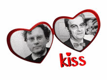 a picture of two men in hearts with the word kiss below them