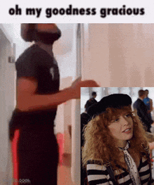 a man with a beard is standing next to a woman with curly hair and the caption oh my goodness gracious