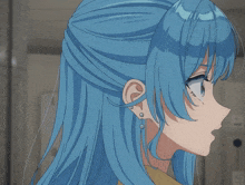a close up of a blue haired anime character