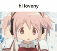 a pink anime girl wearing headphones with the words `` hi loveny '' above her .