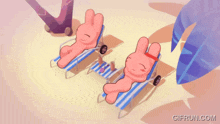 two pink cartoon rabbits are laying in striped chairs on a beach