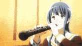 a girl with long blue hair is playing a flute
