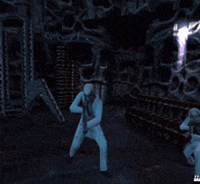 a man in a white suit holding a gun in a dark room