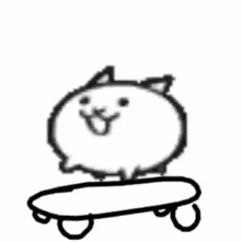 a black and white drawing of a cat jumping on top of a skateboard .