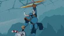 a cartoon character with a red and white striped cane pointing at another character