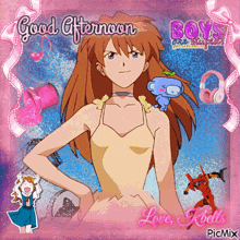 a picture of a girl with the words good afternoon boys and love kibells on it