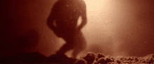 a silhouette of a person standing in the dirt in the dark .