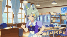 a girl in a sailor outfit stands in a room