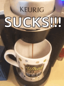 a keurig coffee maker with a cup of coffee on it