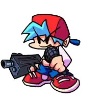 a cartoon character holding a microphone and a gun