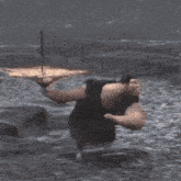 a cartoon character is running in the water with a lightning strike behind him