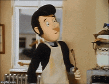 a cartoon character is wearing an apron and holding a spatula in a kitchen .