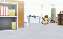a girl with a dog 's tail is playing with toys in a room with shelves and cabinets