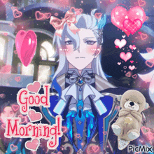 a picture of a man with a bow on his head and the words " good morning "