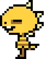 a pixel art drawing of a yellow object with wings and horns