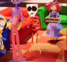 a group of cartoon characters are standing in a living room with a green couch