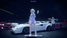 a girl is standing in front of a white car with the words how they live in tokyo written below her