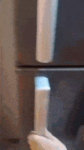 a person is opening a refrigerator door with a bottle of milk in it .
