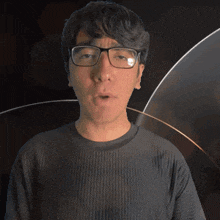 a man wearing glasses and a pablo shirt makes a funny face