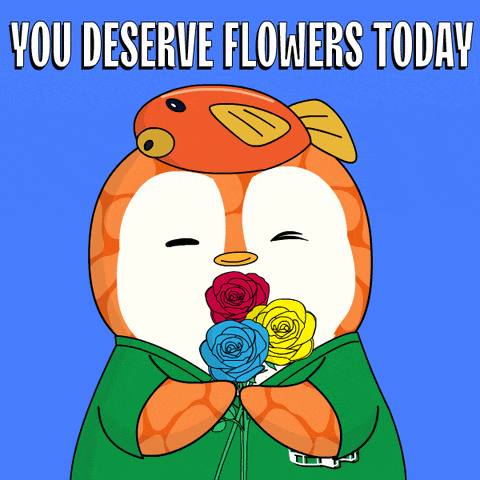 a cartoon of a fish holding flowers with the words 