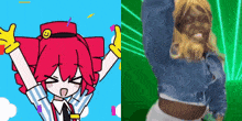 a cartoon girl with a smiley face on her hat next to a cartoon girl with a beard