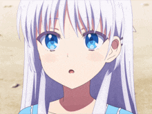 a girl with white hair and blue eyes is looking up
