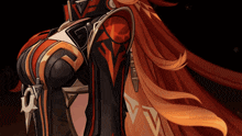 a drawing of a woman with long red hair and a triangle on her back
