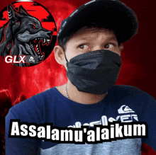 a man wearing a mask and a blue shirt says assalamu 'alaikum