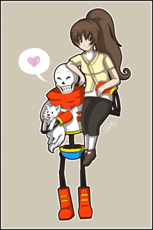 a cartoon drawing of a girl holding a skeleton and a cat