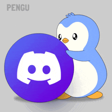 a penguin is holding a discord icon in its paws
