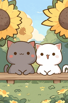 two cartoon cats are sitting next to each other on a fence in front of sunflowers