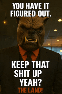 a poster of a man in a suit and tie with a dog mask on his head