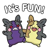 a cartoon of two pokemon standing next to each other with the words `` it 's fun ! ''