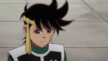 a close up of a cartoon character 's face with a yellow band around his head