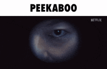 a close up of a person 's eye with the word peekaboo above